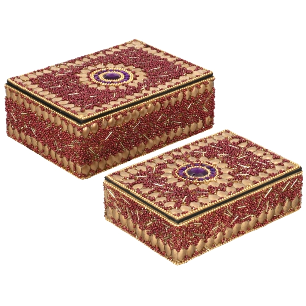 Handcrafted Set of 2 Golden Metallic Beaded Decorated Nested Box